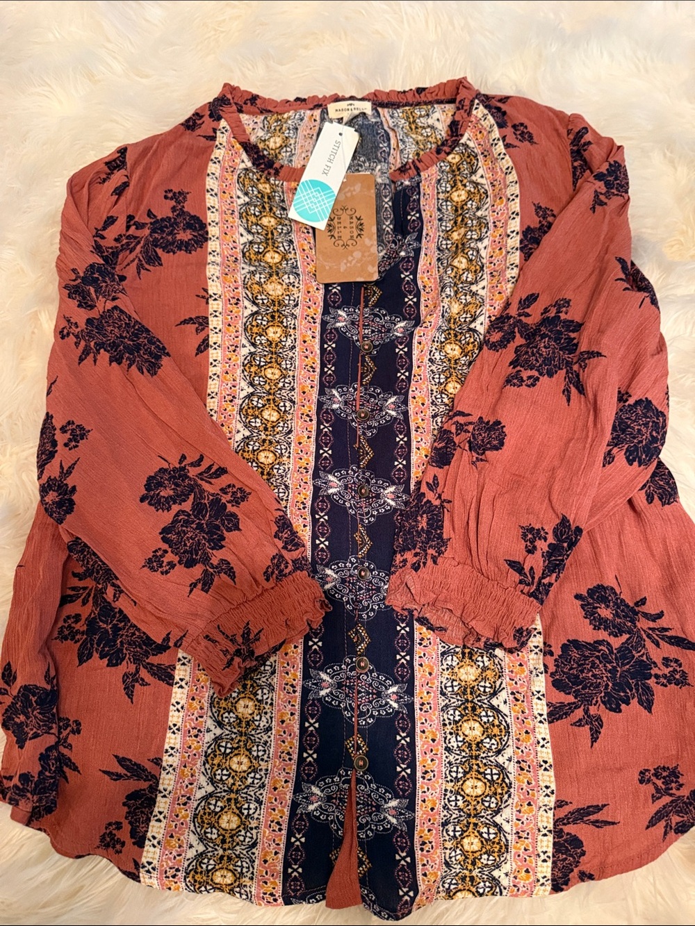 Boho Embroidered Panel Tunic - Rust with Navy Accents